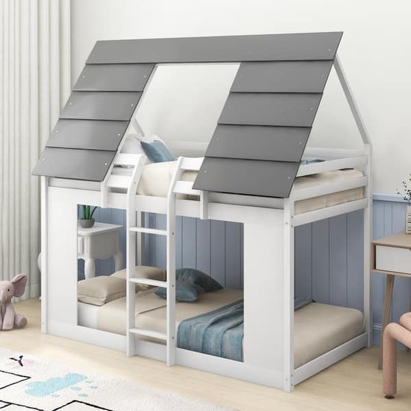 Harper & Bright Designs White Wood Frame Twin Size House Bunk Bed with Roof and Built-in Ladder