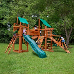 Gorilla Playsets Pioneer Peak Wooden Swing Set with Green Vinyl Canopy ...