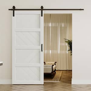 36 in. x 84 in. White, MDF, 4-Panel Paneled Wood Wave, Water-Proof PVC Surface Sliding Barn Door with Hardware Kit