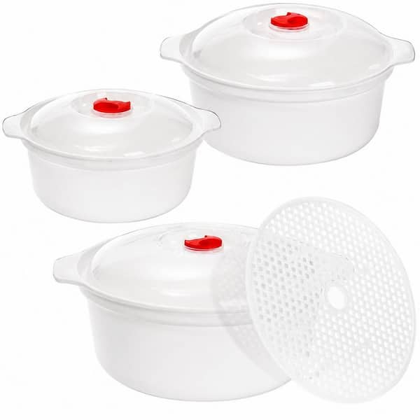 3-Pack Plastic Microwave Bowls with Lid Food Storage Containers Nesting Serving Bowls with Handles and Steamer