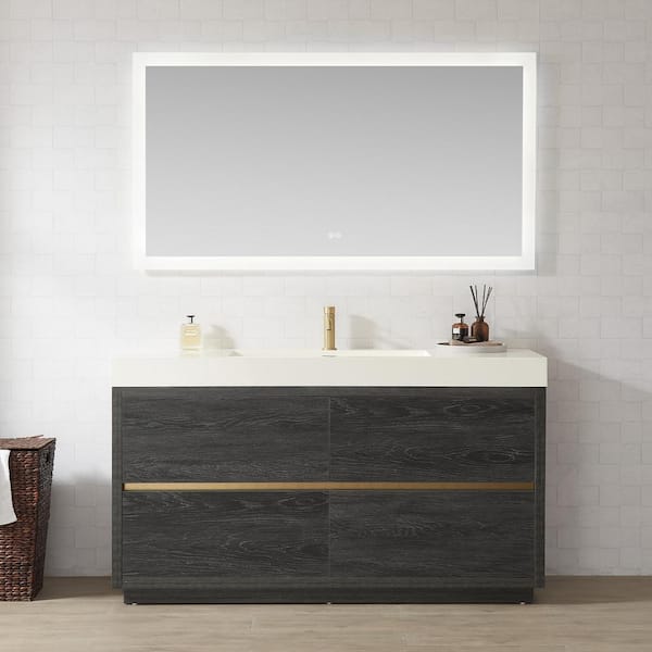 ROSWELL Huesca 59.8 in. W x 19.7 in. D x 33.9 in. H Single Bath Vanity in North Black Oak with White Composite Stone Top