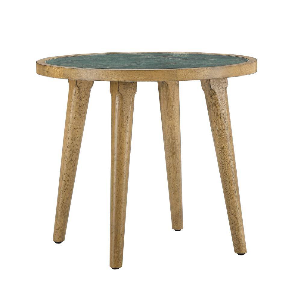 22" Round Green Sintered Stone and Wood End Table
