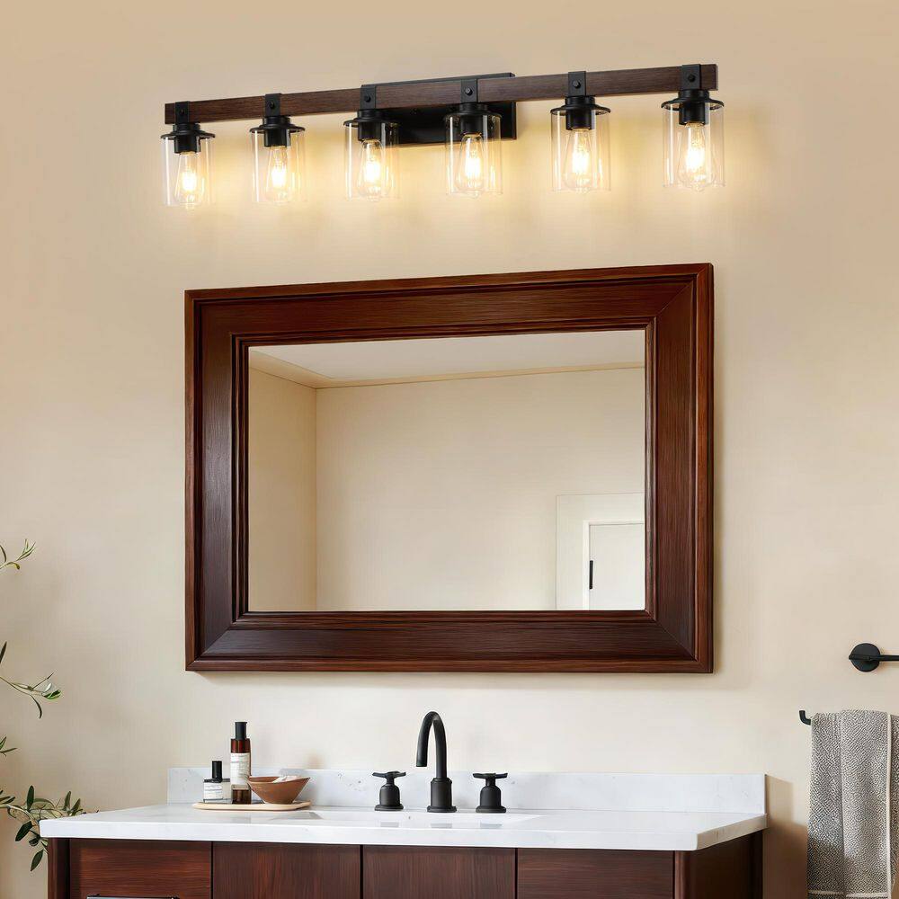 Modern Industrial 42.33 in. 6-Light Matte Black Oak Bathroom Vanity Light Wall Sconce with Clear Glass Shades price history on PriceWatchPro