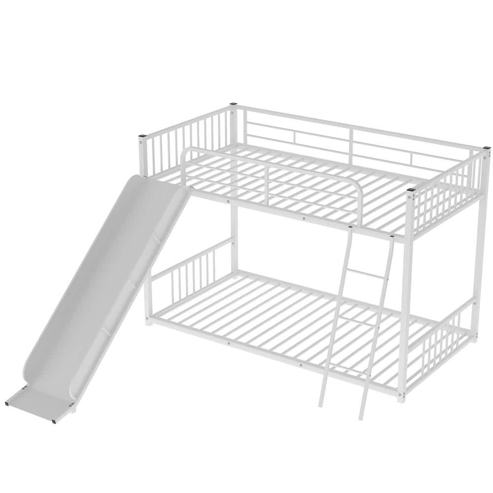 ANBAZAR White Metal Twin Size Bunk Bed with Slide Twin Over Twin Kids