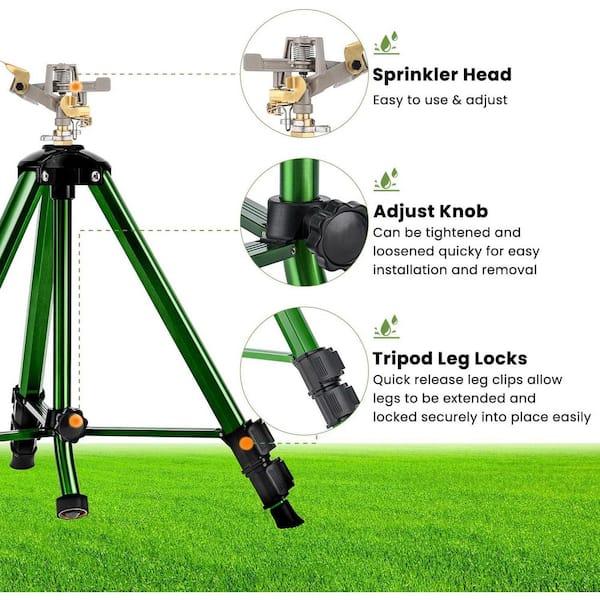 Oyezvary Adjustable Metal Tripod Base Impact Sprinkler 360° Large