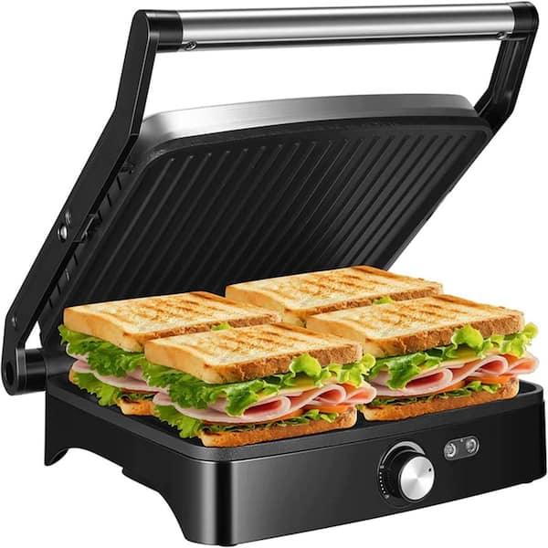 Lumme SW19 1200-Watt Black Panini Press Grill and Indoor Sandwich Maker, 4-Slice Large Non-Stick Versatile Grill, Opens 180°