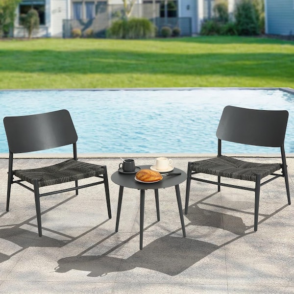 HOMEFUN 3-Piece Outdoor Dark Grey Aluminum Bistro Set Patio Conversation Set with Hand-Woven Ratten Seat