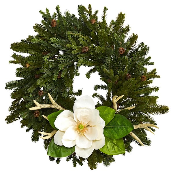 Nearly Natural 22 in. Pine Pinecone Magnolia and Antler Artificial Wreath