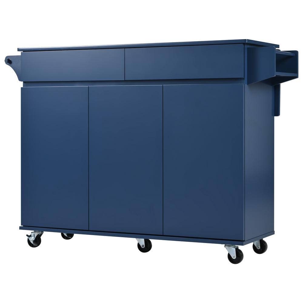 Rolling Navy Blue Drop Leaf Wood Tabletop 53 in. Kitchen Island with Adjustable Shelves and Fixed Feet