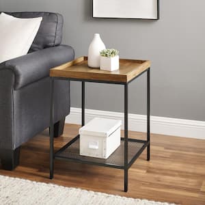 18 in. Rustic Oak Square Wood Side Table with Lower Mesh Shelf