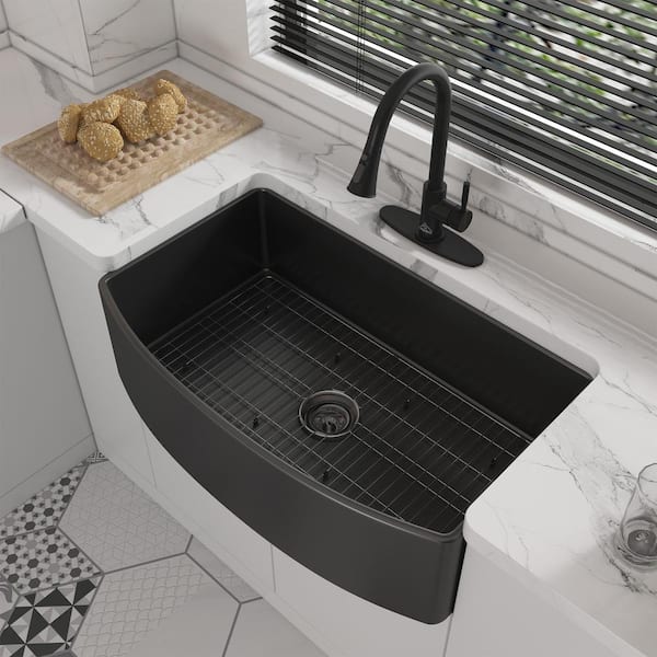 CASAINC Matte Black Fireclay 33 in. Curved Design Single Bowl Farmhouse Apron Kitchen Sink with Pull Down Faucet