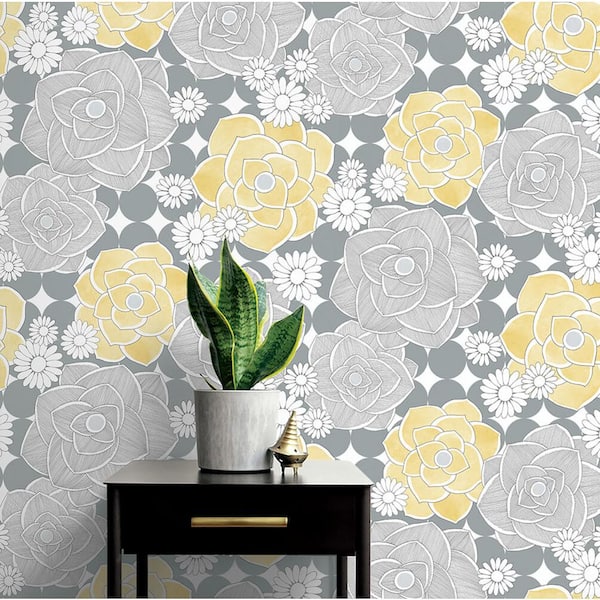 NextWall Retro Yellow And Gray Floral Vinyl Peel & Stick Wallpaper Roll  (Covers 30.75 Sq. Ft.) NW35203 - The Home Depot