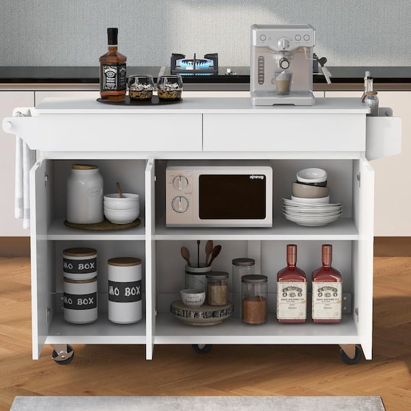 grossag White Wood 53.2 in. Large Kitchen Island with Extended Table, Towel Rack and Drawer, Rolling Kitchen Cart on Wheels