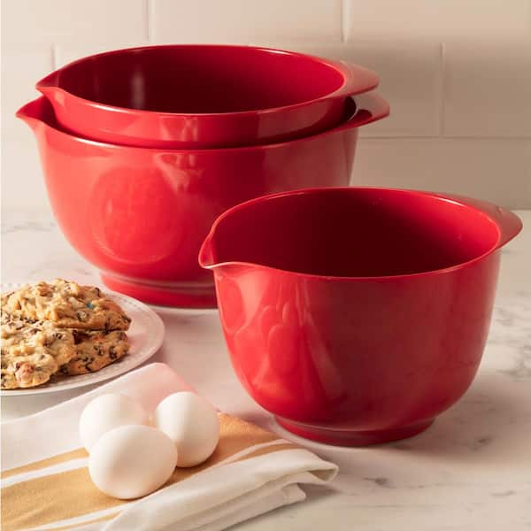 Large Mixing Bowl Set of 2, Plastic Mixing Bowls with Handles & Pour Spout  - Batter Bowl Set Red & White