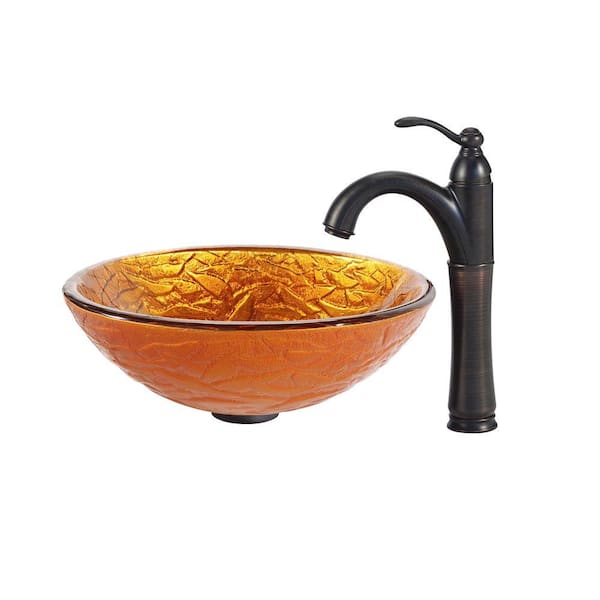 KRAUS Blaze Glass Vessel Sink in Gold with Riviera Faucet in Oil Rubbed Bronze