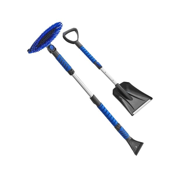 Car Extendable 4 in 1 Snow Shovel Kit with Ice Scraper 180° Pivoting Snow Brush Squeegee Foam Grip Blue