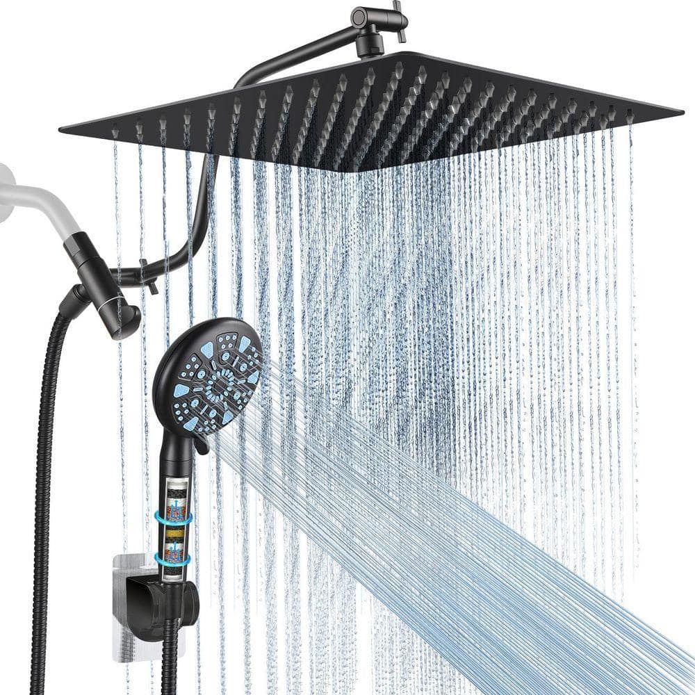 Heemli 9-Spray Patterns Rainfull 2-in-1 Adjustable Fixed Shower Head with Filter 1.8 GPM and Handheld Shower Head in Black