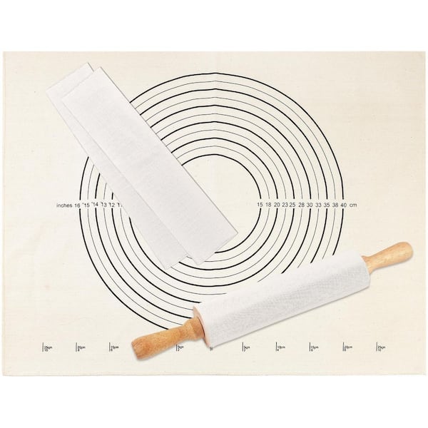 3 Piece Pastry Cloth and Rolling Pin Cover Set, Heavy Cotton Canvas Mat 25 x 20 in. with Measurement Guide
