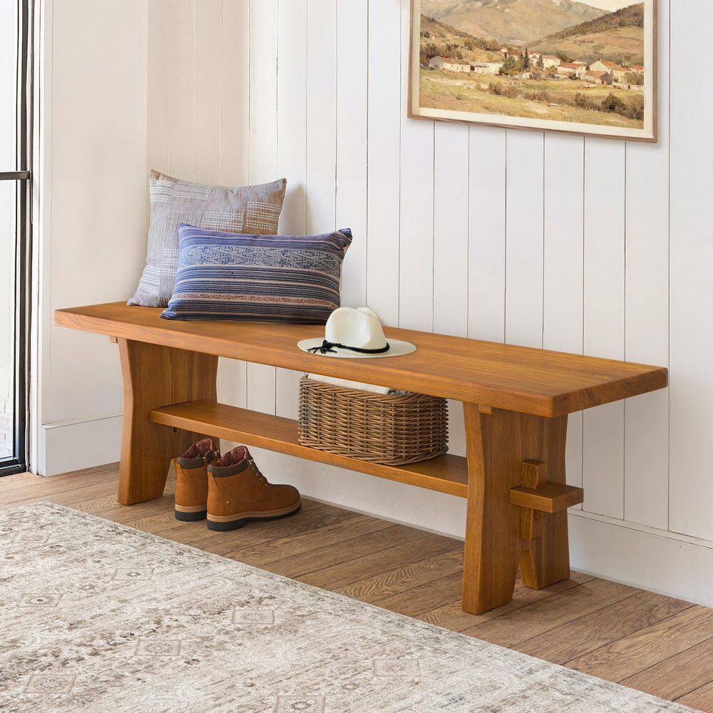 59 in. W Solid Elm Wood Dark Wood Entryway Bench Backless Dining Bench with Storage Shelf for Dining Room Set of 1