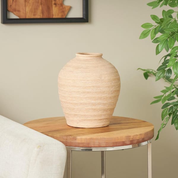 Novogratz 11 in. Beige Wide Textured Porcelain Ceramic Decorative Vase