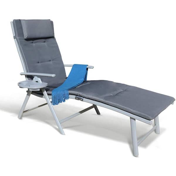 maocao hoom Metal Outdoor Folding Chaise Lounge Chair with Gray Cushion and Pillow