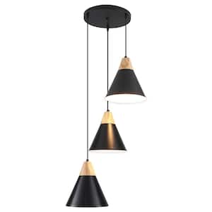 Kairah 3-Light Black Modern Nordic Timber Style Wooden Pendant Light with Cone Metal Shade