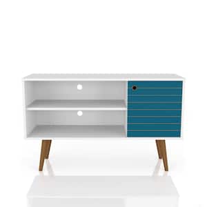 Liberty 43 in. White and Aqua Blue Composite TV Stand Fits TVs Up to 46 in. with Storage Doors