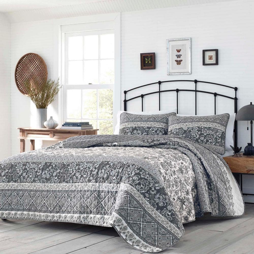 Slate Blue and Grey Reversible Cotton Full Quilt Set