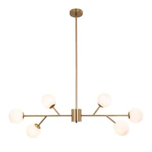 32.28 in. 6-Light Gold Modern Island Pendant Light with White Globe Glass Lampshade, No Bulbs Included