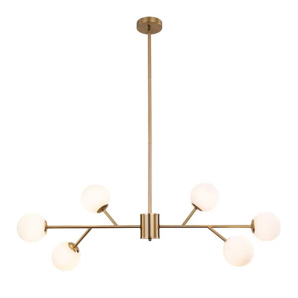 OUKANING 32.28 in. 6-Light Gold Modern Island Pendant Light with White Globe Glass Lampshade, No Bulbs Included