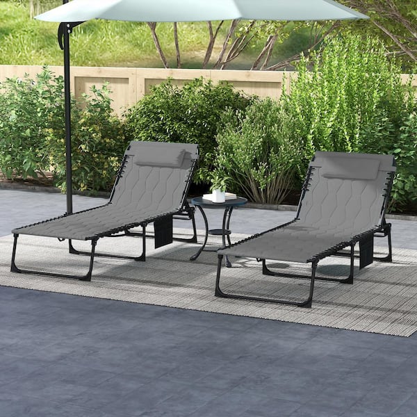Sudzendf Folding Gray Oxford Fabric Outdoor Tanning Chair with Padded Seat, Side Pocket and Headrest