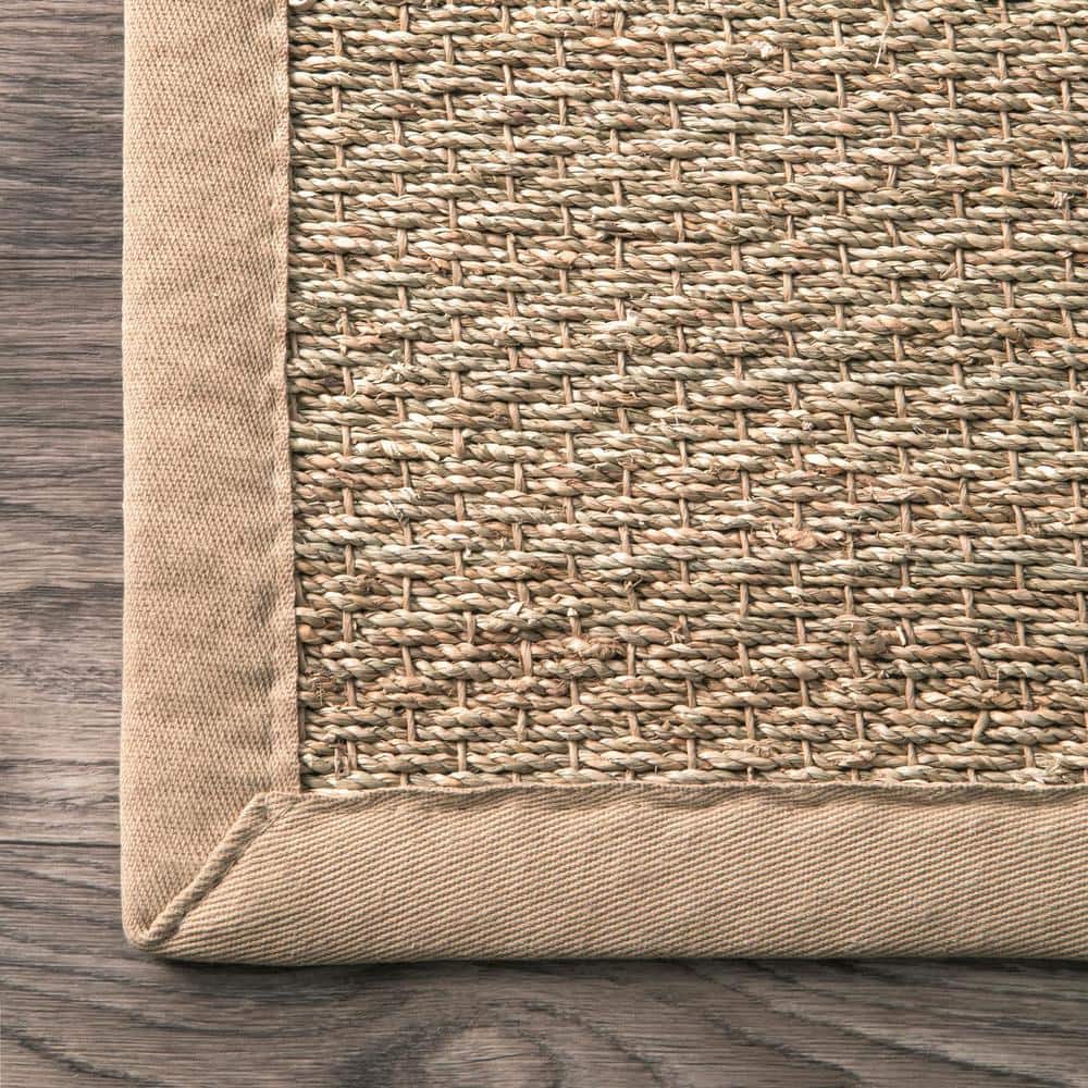 Beige Seagrass 8' Square Area Rug with Cotton Border