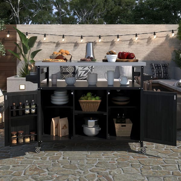 Black Fir Wood Outdoor Bar Cart with Wheels, Patio Kitchen Island