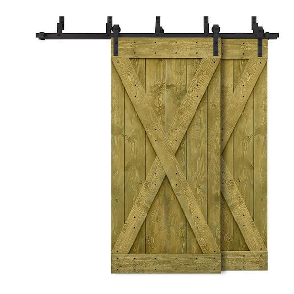 CALHOME 68 in. x 84 in. X Bypass Jungle Green Stained DIY Solid Wood Interior Double Sliding Barn Door with Hardware Kit
