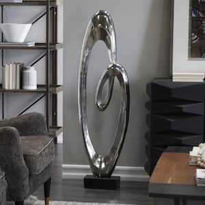 Silver Aluminum Swirl Abstract Sculpture with Black Base