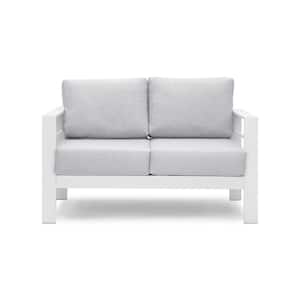 White Aluminum Comfy 2-Seat Twin Outdoor Couch with Light Gray Cushions