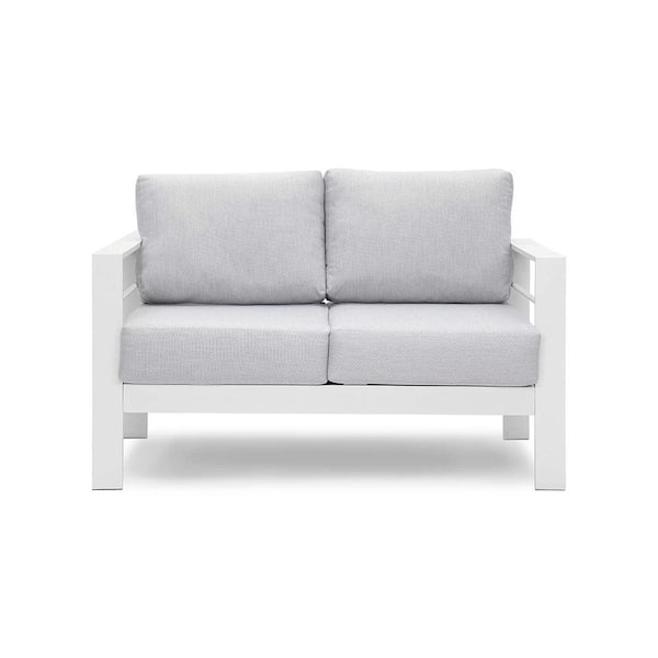 Tenleaf White Aluminum Comfy 2-Seat Twin Outdoor Couch with Light Gray Cushions