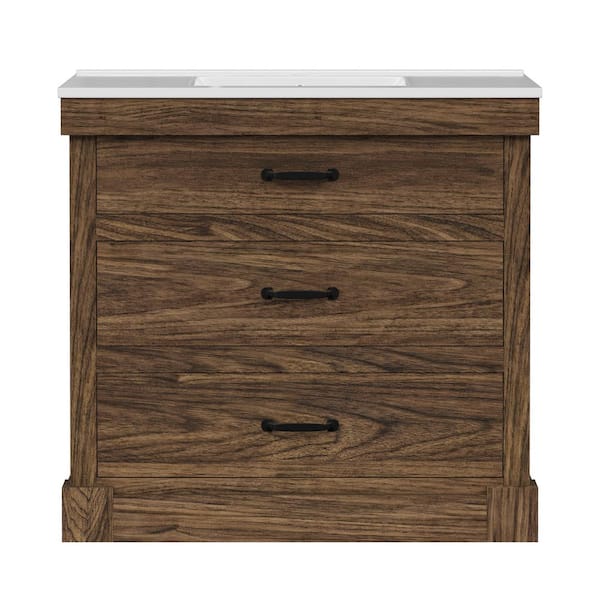 Donovan 36.02 in. W Single Sink Freestanding Walnut Bath Vanity with White Ceramic Integrated Square Top