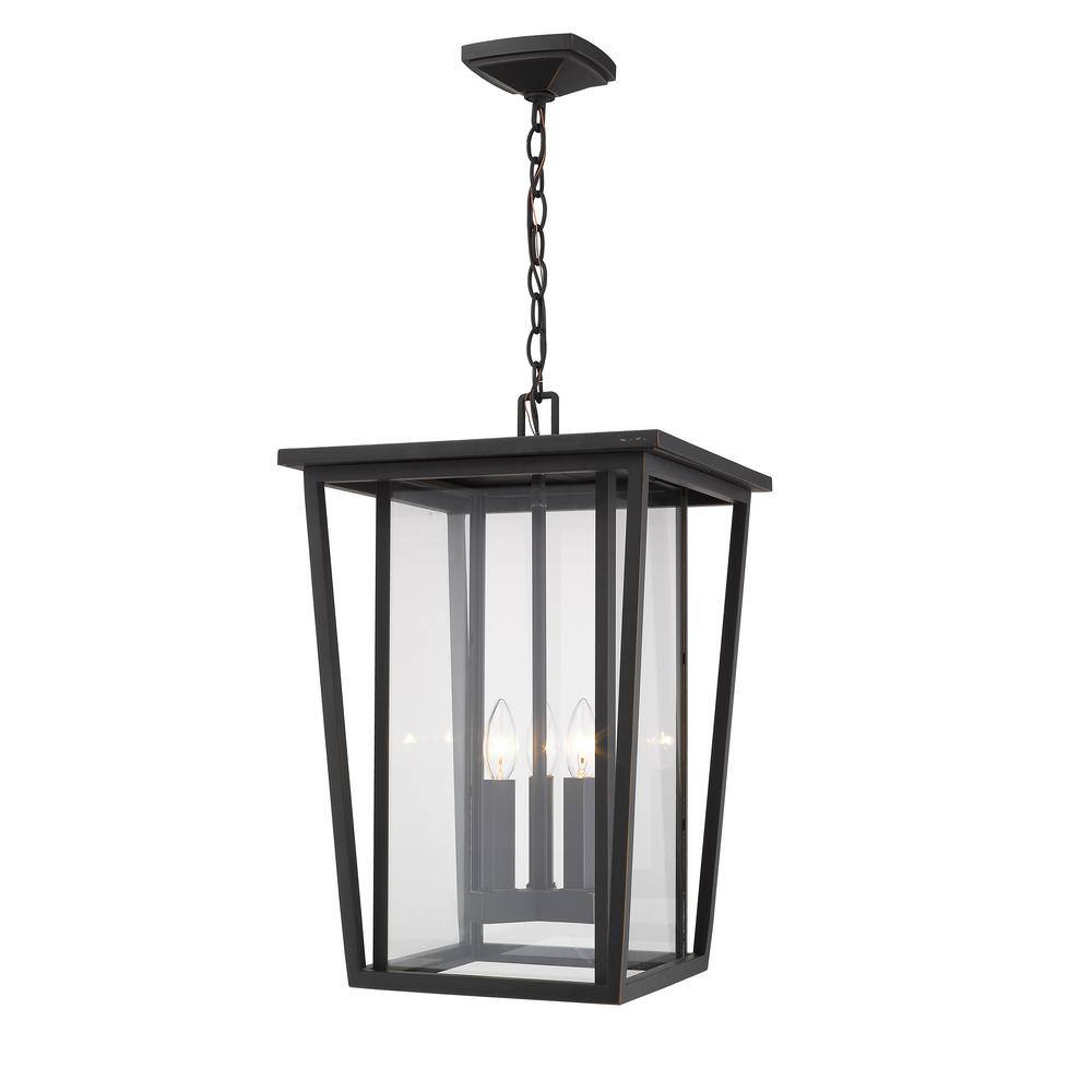 Seoul 21.25 in. 3-Light Oil Rubbed Bronze Outdoor Hanging Pendant Light wit