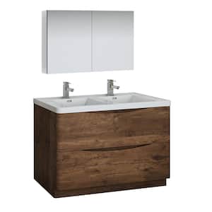 Tuscany 48 in. Modern Double Bathroom Vanity in Rosewood with Vanity Top in White with White Basin and Medicine Cabinet
