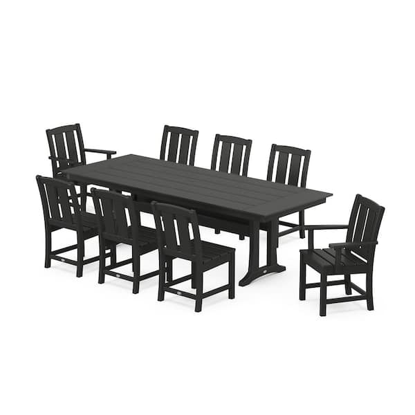 POLYWOOD Mission 9-Piece Farmhouse Trestle Plastic Rectangular Outdoor Dining Set in Black