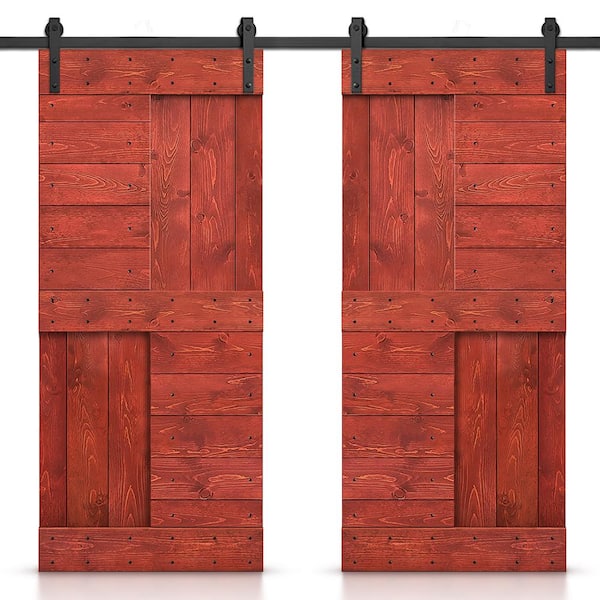 CALHOME 48 in. x 84 in. Cherry Red Stained DIY Knotty Pine Wood Interior Double Sliding Barn Door with Hardware Kit