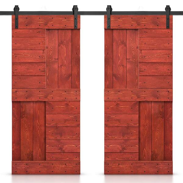 CALHOME 72 in. x 84 in. Cherry Red Stained DIY Knotty Pine Wood Interior Double Sliding Barn Door with Hardware Kit