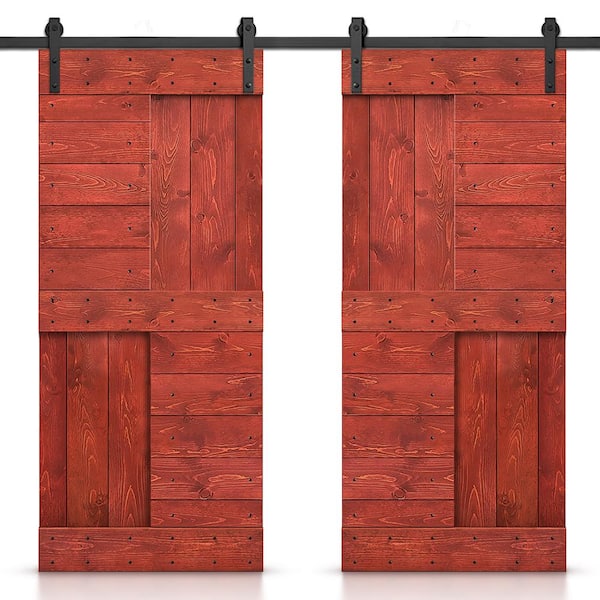 CALHOME 84 in. x 84 in. Cherry Red Stained DIY Knotty Pine Wood Interior Double Sliding Barn Door with Hardware Kit
