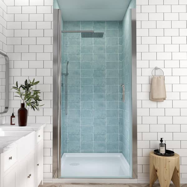 34 to 35-1/2 in. W x 72 in. H Pivot Swing Frameless Shower Door in Chrome with Clear Glass