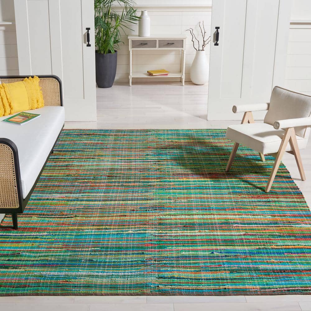 Handwoven Green Multi 6' x 9' Flat-Weave Wool-Cotton Blend Area Rug