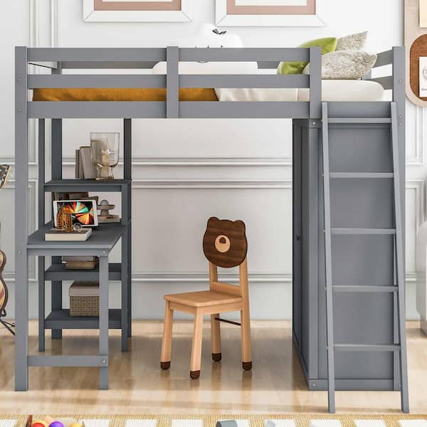 Polibi Full Size Loft Bed with Wardrobe and Desk and Shelves, Gray