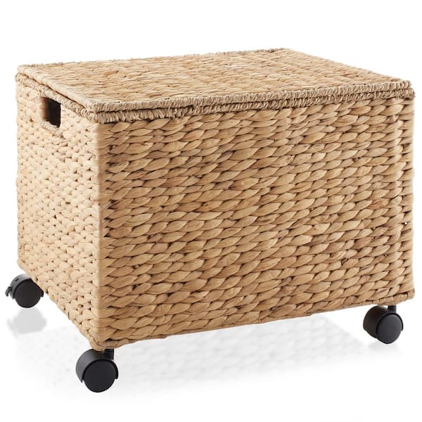 Casafield Brown Natural 18 in. x 14 in. Wicker Water Hyacinth Decorative Basket Rolling Filing Cabinet File Organizer