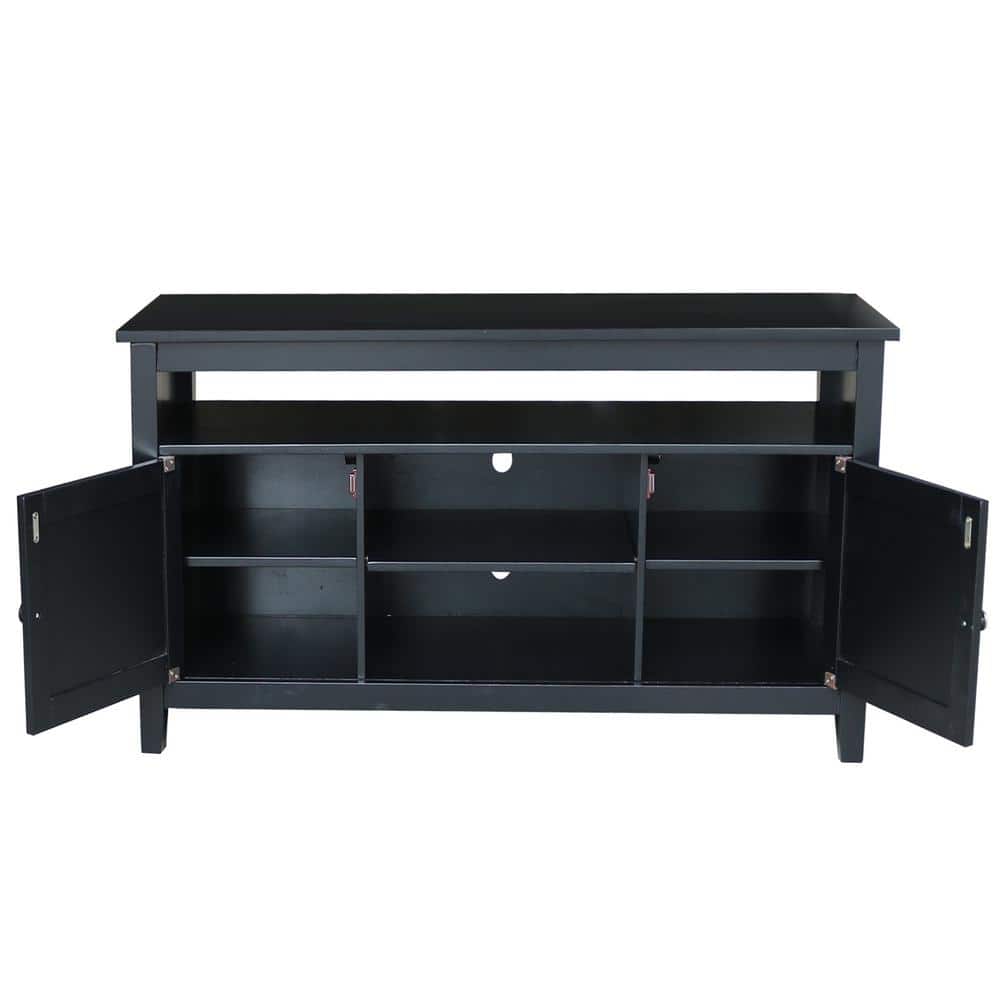 Black Solid Wood TV Stand with Cabinets and Shelves