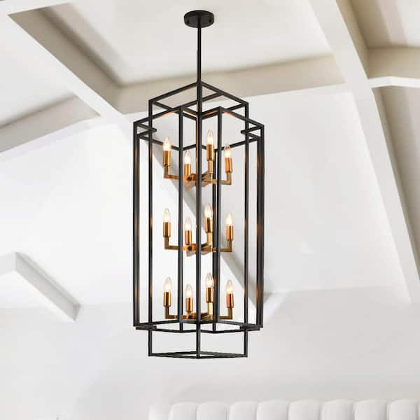 Magic Home 12-Light Black Antique Gold Lantern Tiered Foyer Hanging Ceiling Chandelier for Living Room Dining Room
